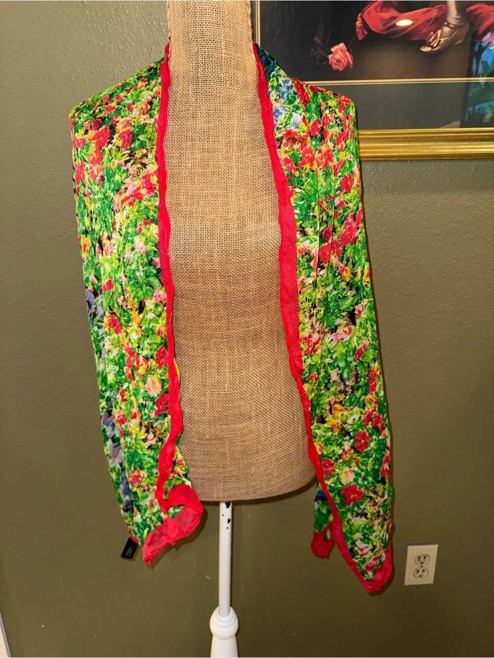 Bright Floral Green Scarf with Red Trim